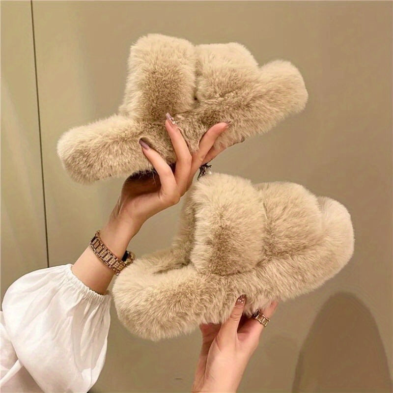 Fuzzy Open Toe Slippers Double Strap Casual Slip On Shoes