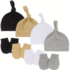 4pcs Newborn Baby Cap Gloves Set for 0-6 Months Boys