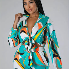 Holiday Abstract Print Set Tie Front Shirt & Shorts Outfit