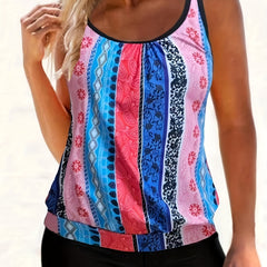 Tribal Style Tankini Set Criss Cross Straps Boxer Short Bottom Swimsuit