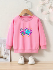 Cartoon Camera Print Girls Casual Pullover Sweatshirt