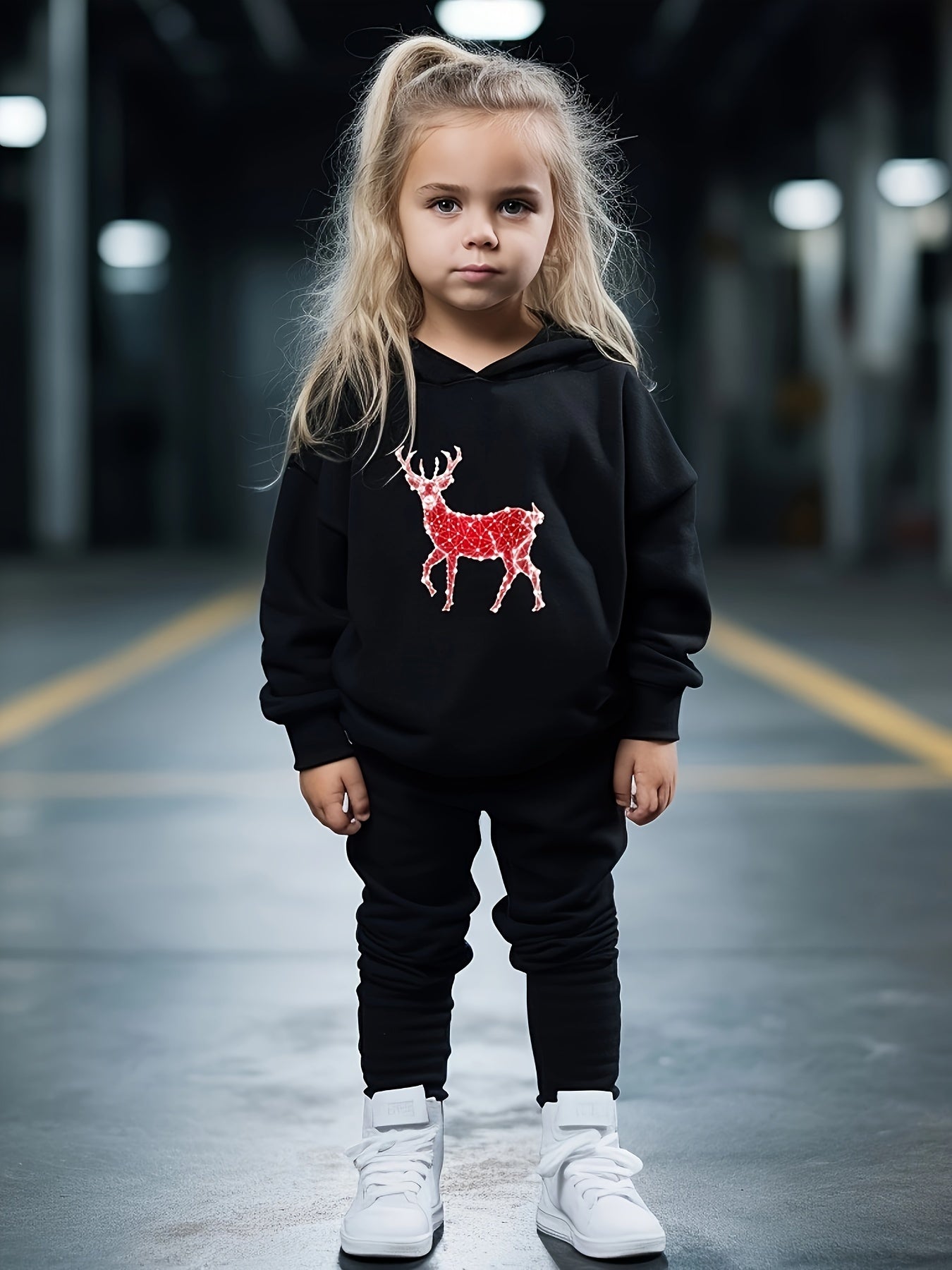 Girls Cartoon Deer Pattern Hooded Sweatshirt and Sweatpants Set