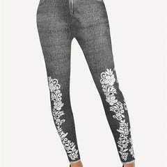 Floral Denim Print Leggings High Waist Workout Leggings