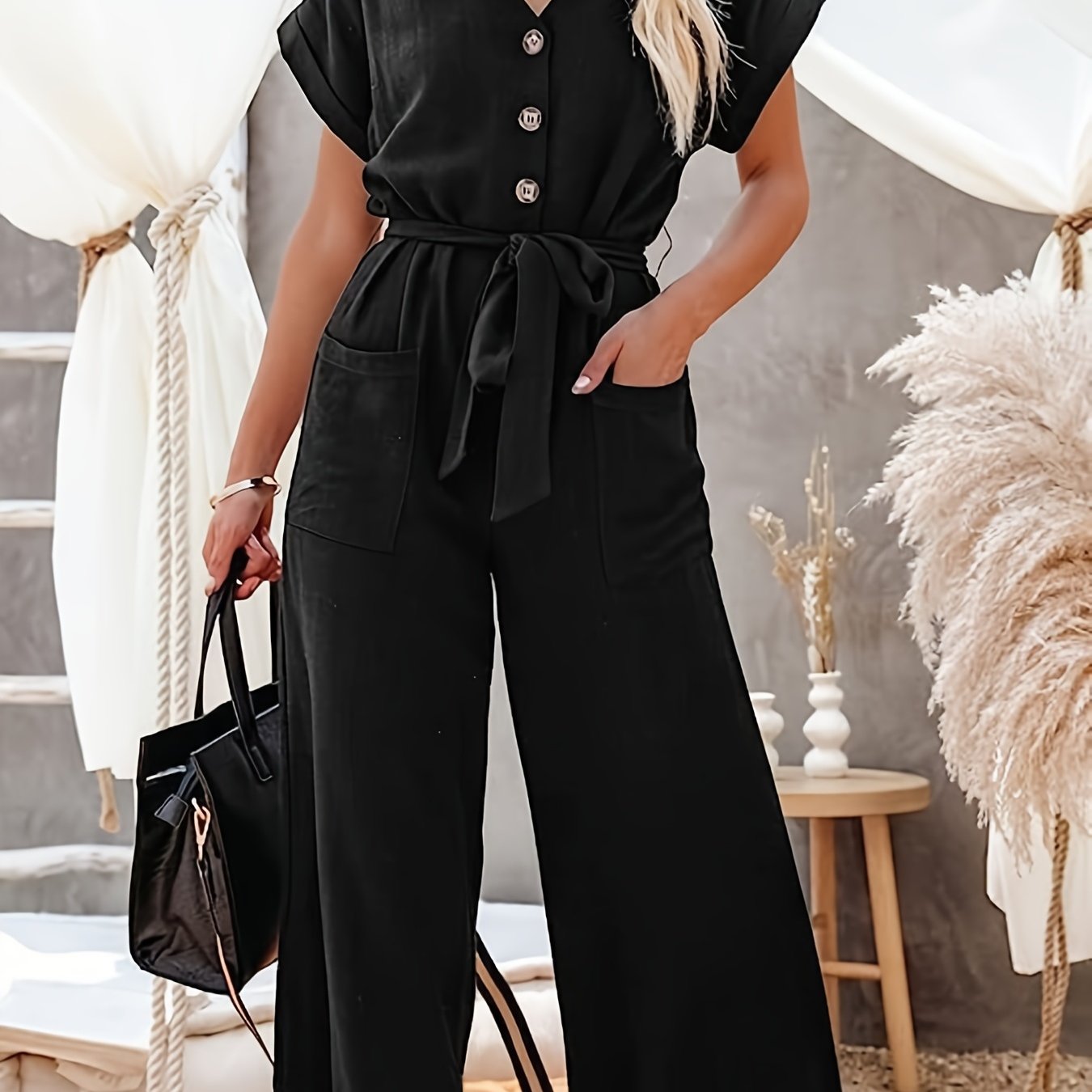 Wide Leg Belted Jumpsuit Short Sleeve Casual Button Pocket