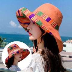 Vintage Boho Reversible Sun Hat Wide Brim UV Protection Summer Bucket Hat