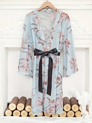 Floral Print Mesh Night Robe Long Sleeve Robe With Belt Women's Lingerie
