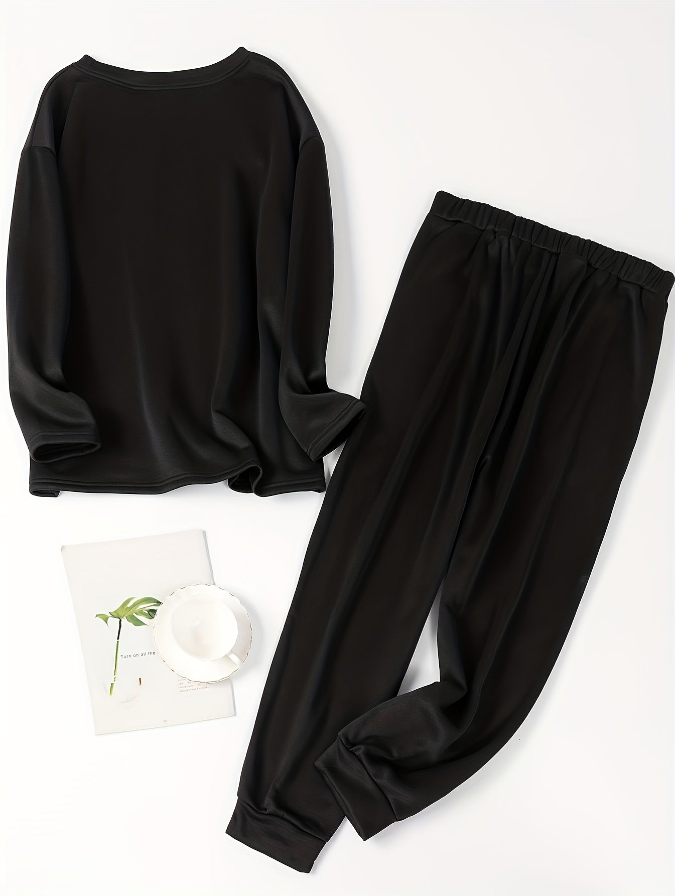 Women's Plus Lounge Set Rugby Pumpkin Coffee Maple Leaf Slogan Print Fleece Top