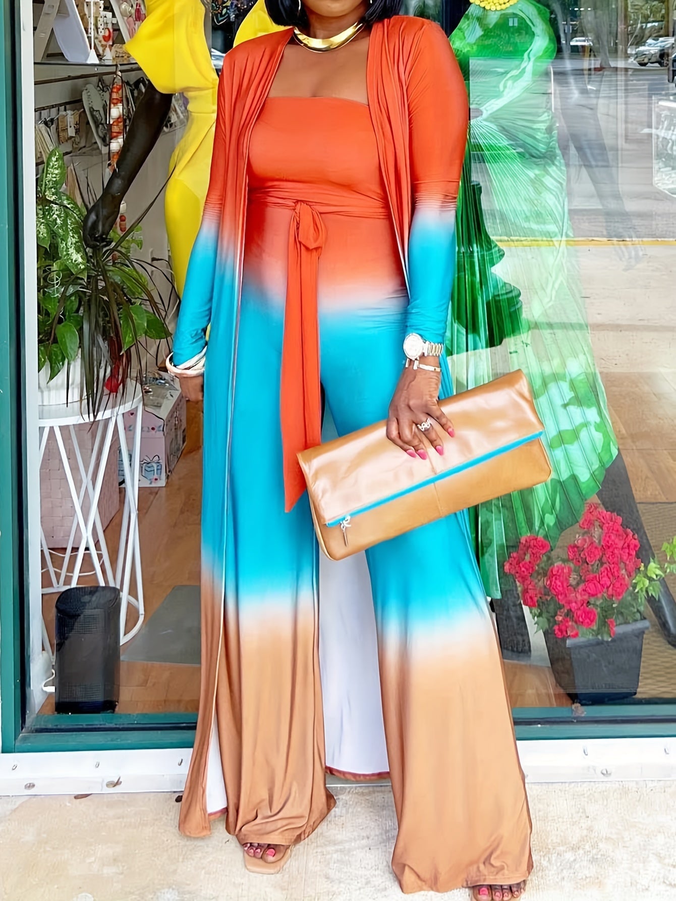 Women's Plus Ombre Print Long Sleeve Cardigan & Tube Jumpsuit Set