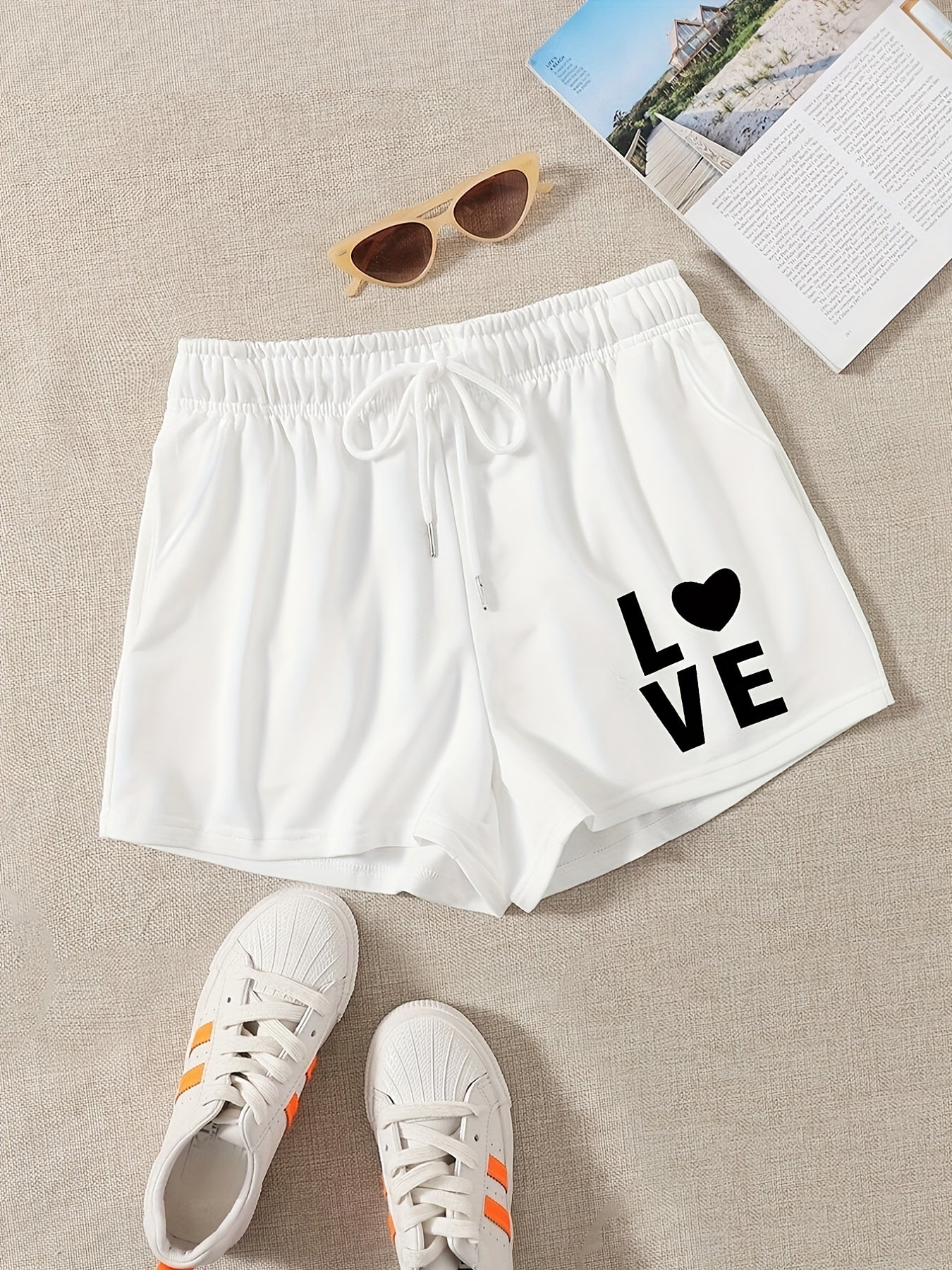 Love Print Hotpants Workout Yoga Drawstring Waist Casual Shorts