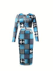 Patchwork Two piece Set Tie Front Long Sleeve Tops & Bag Hip Skirts