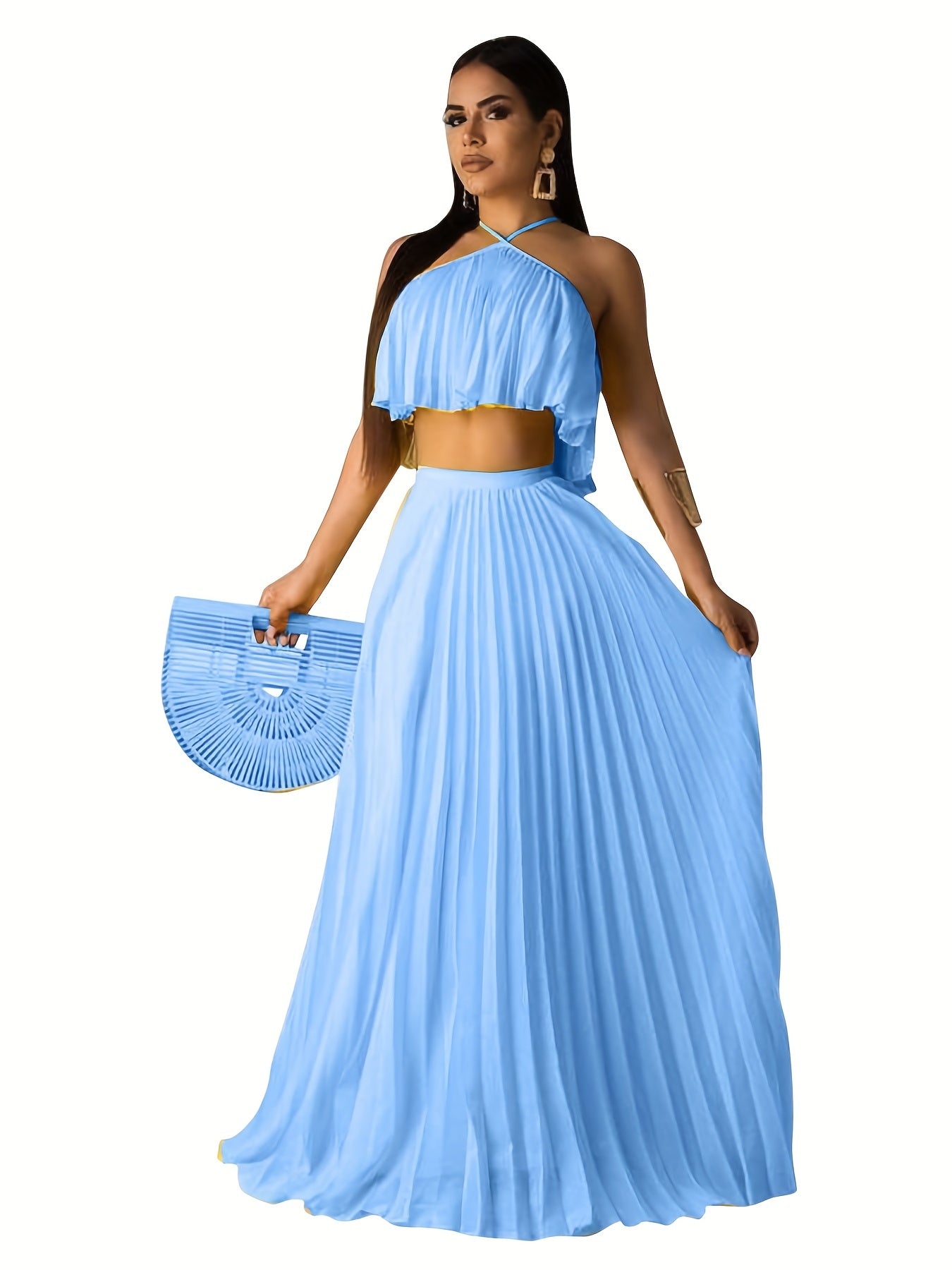 Pleated Two-Piece Set Spaghetti Top & Maxi Skirt Women's Outfit