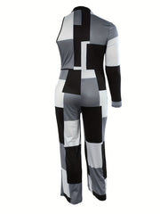 Plus Size Colorblock Grid Print One Shoulder Jumpsuit