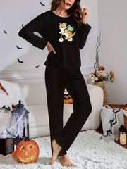 Cat Print Lounge Set Long Sleeve Crew Neck Top & Pants