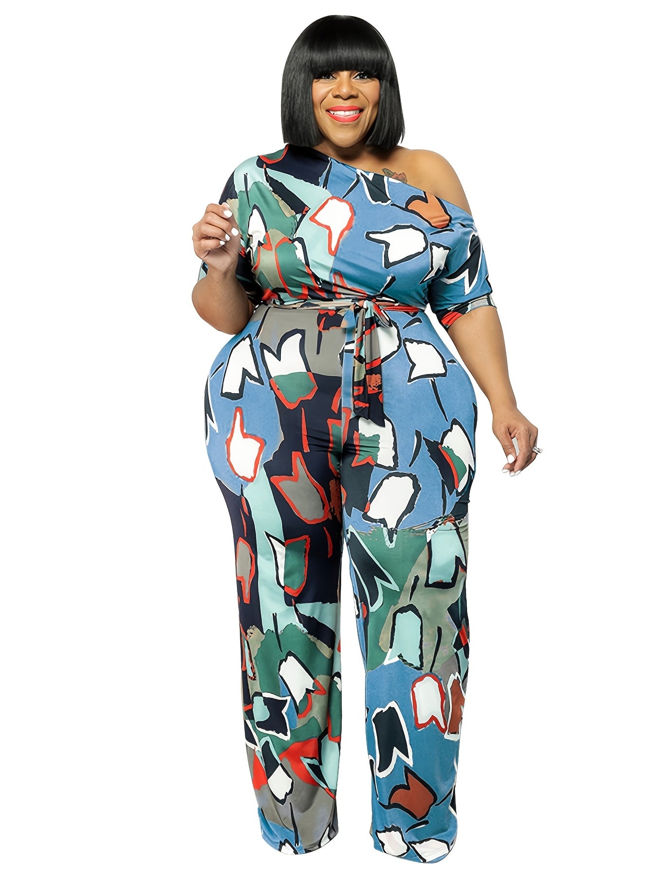 Graphic Print One Off Shoulder Jumpsuit