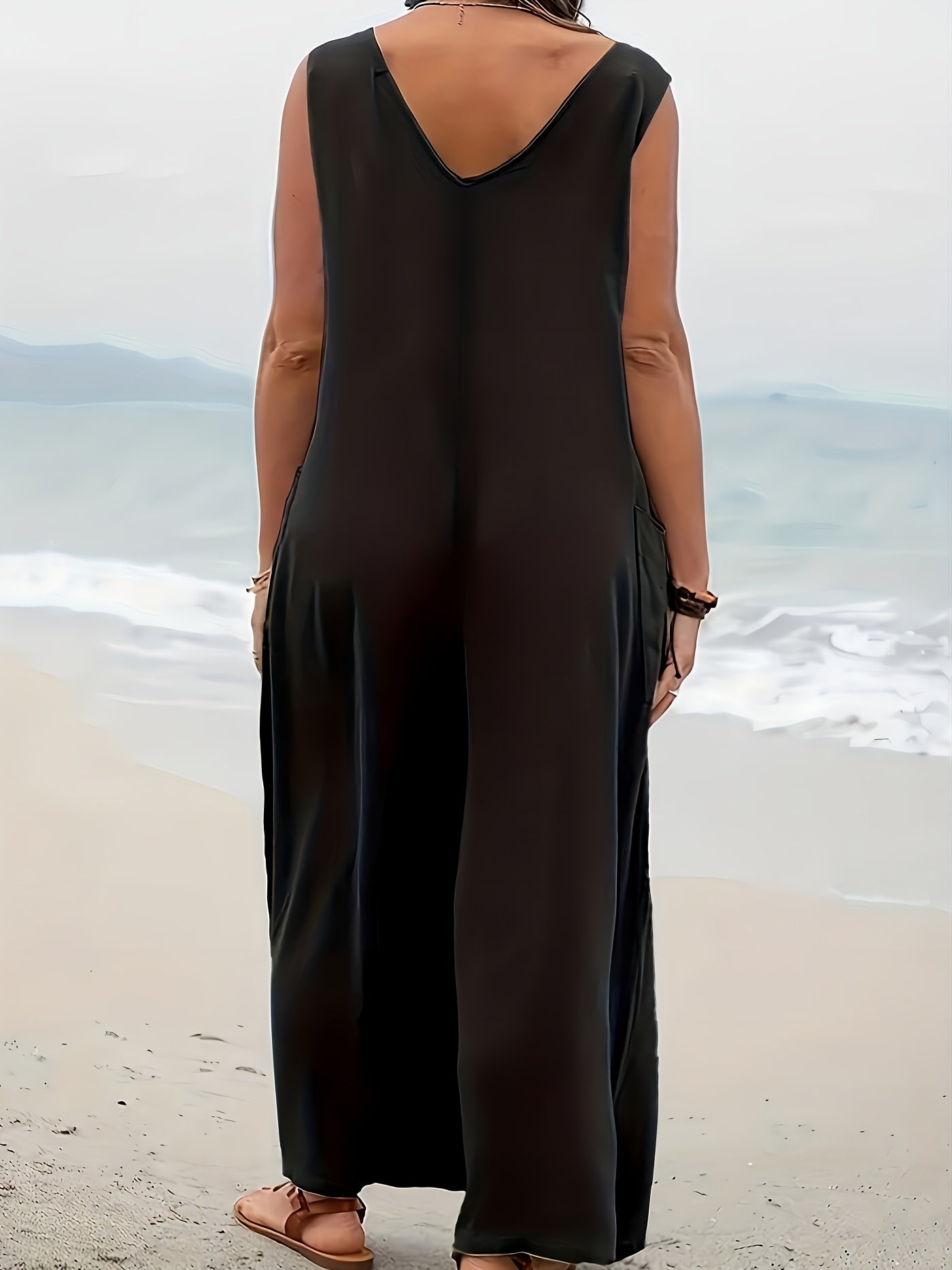 V Neck Wide Leg Tank Jumpsuit With Pockets