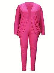 Plus Size Solid Side Ruched Long Sleeve Cardigan & Pant Set