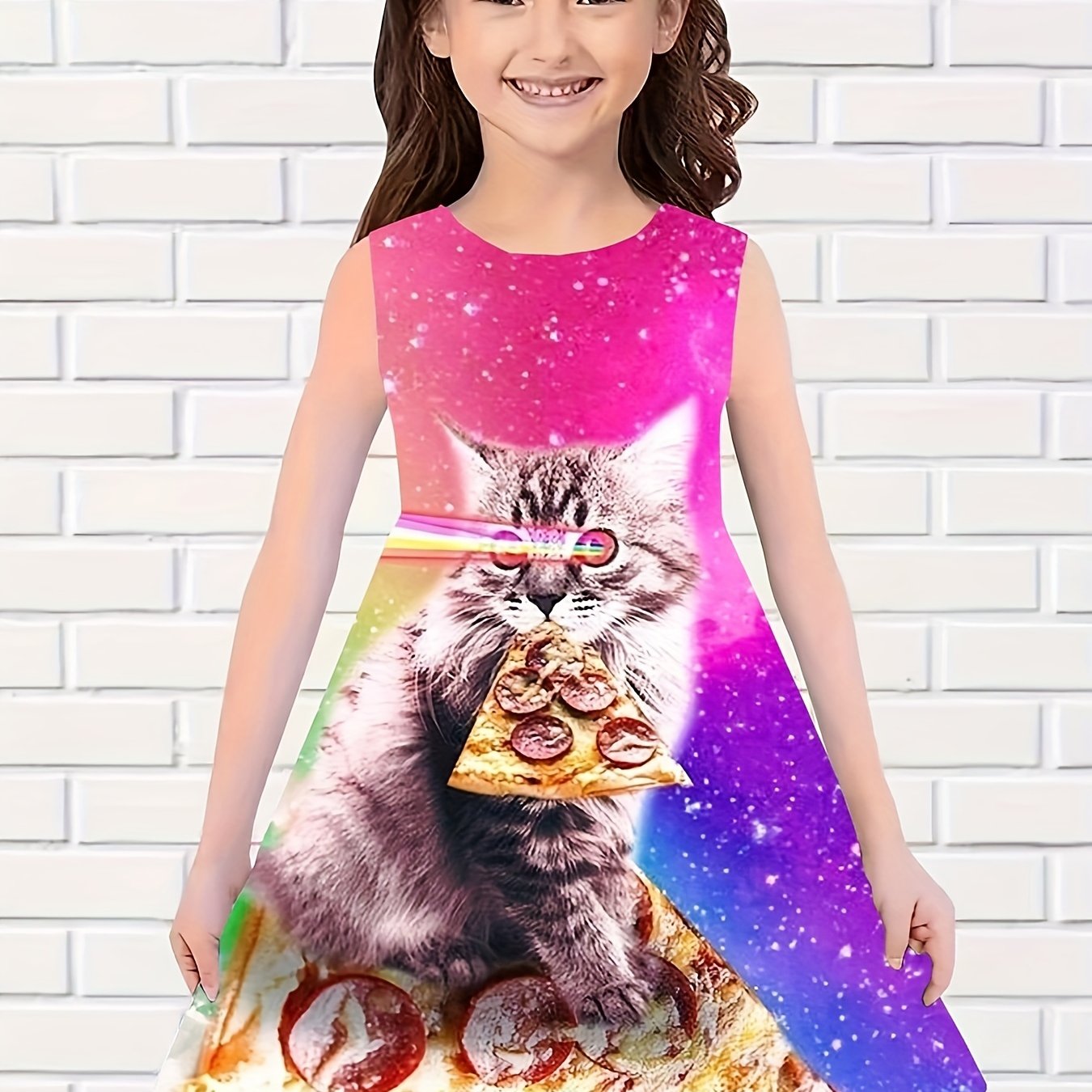 Girls 3D Cat Sleeveless Dress for Summer Outdoor