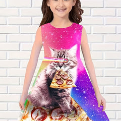 Girls 3D Cat Sleeveless Dress for Summer Outdoor