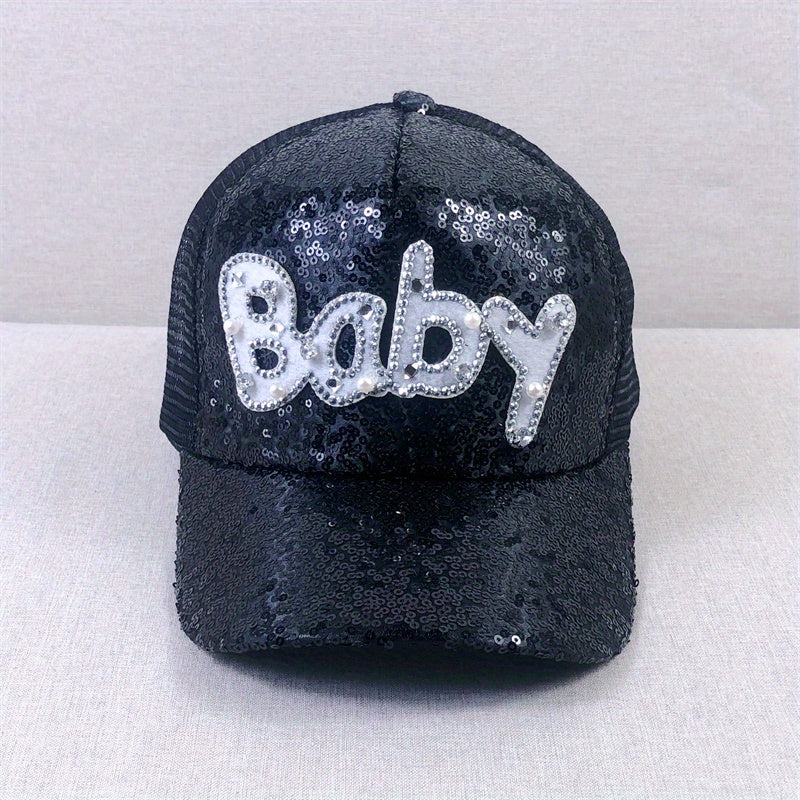 Baby Patch Sequin Baseball Cap Sparkling Mesh Trucker Hats For Women