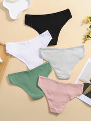 5 Pcs Ribbed Sports Panties Comfy & Breathable Hipster Panties