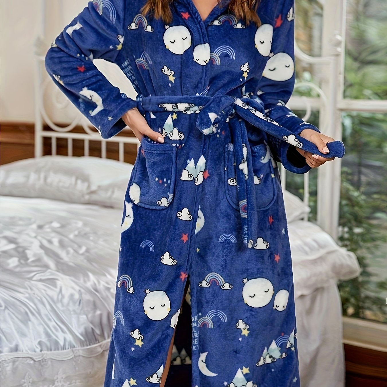 Cartoon Print Hooded Lounge Robes with Pockets Women's Loungewear