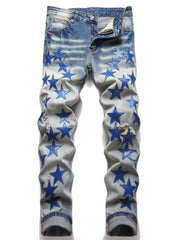 Men's Star Pattern Jeans Punk Style Ripped Denim Pants Outdoor Wear
