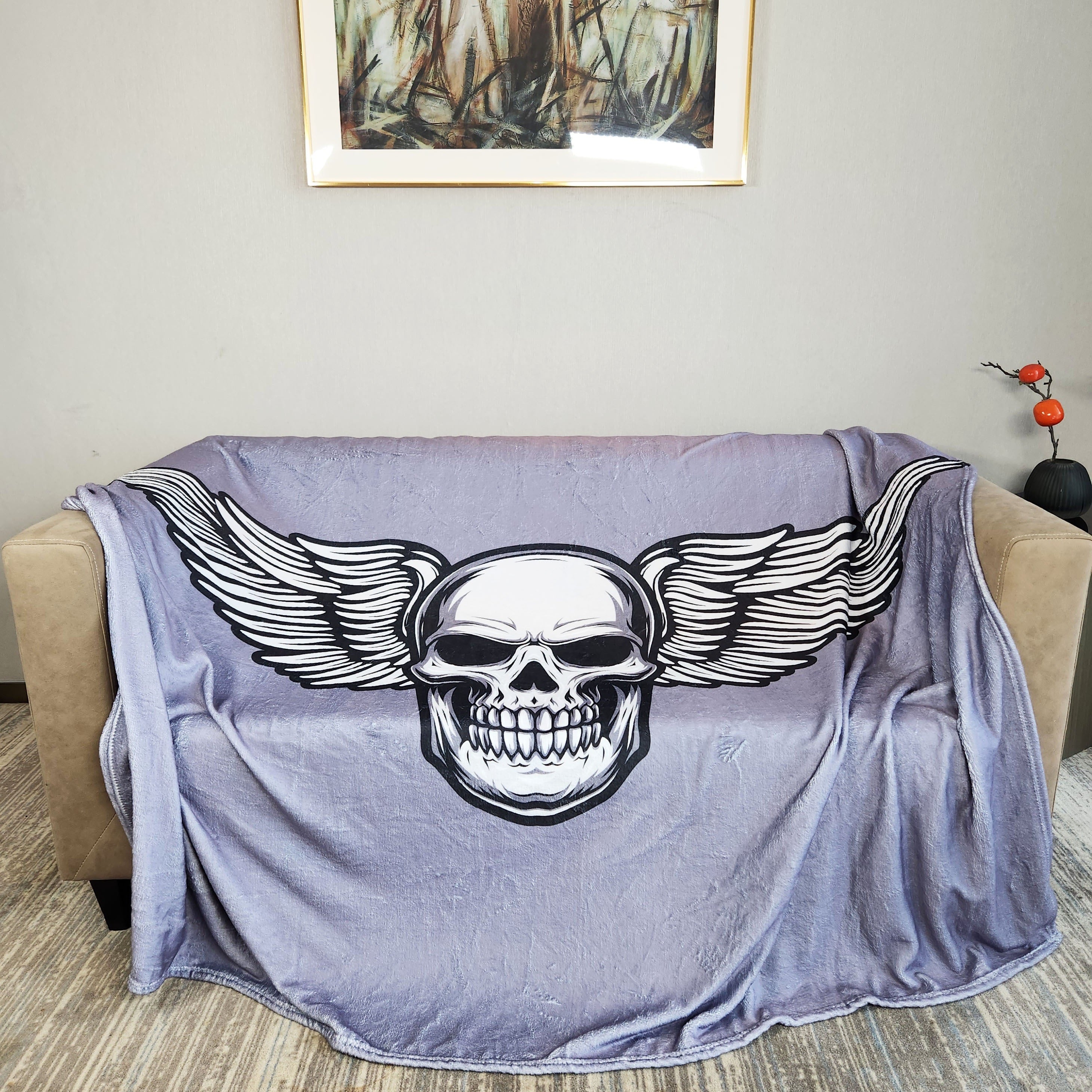 Skull Print Throw Blanket Cozy Flannel Casual Blanket for Camping Sofa