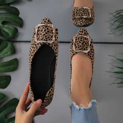 Leopard Print Flats Buckle Pointed Toe Slip On Ballet Flats