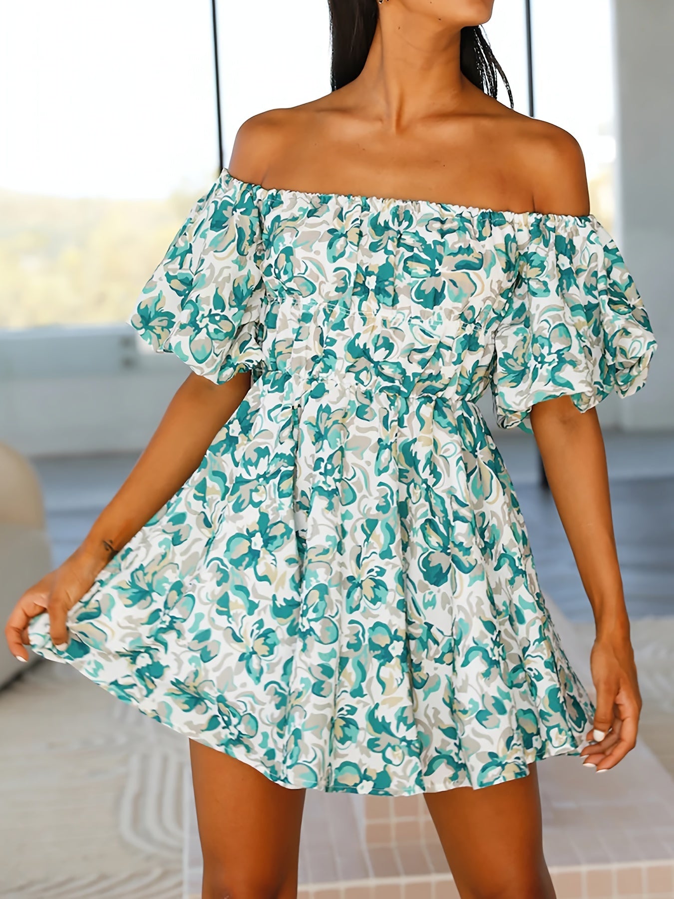 Floral Puff Sleeve Dress Off Shoulder Summer Casual
