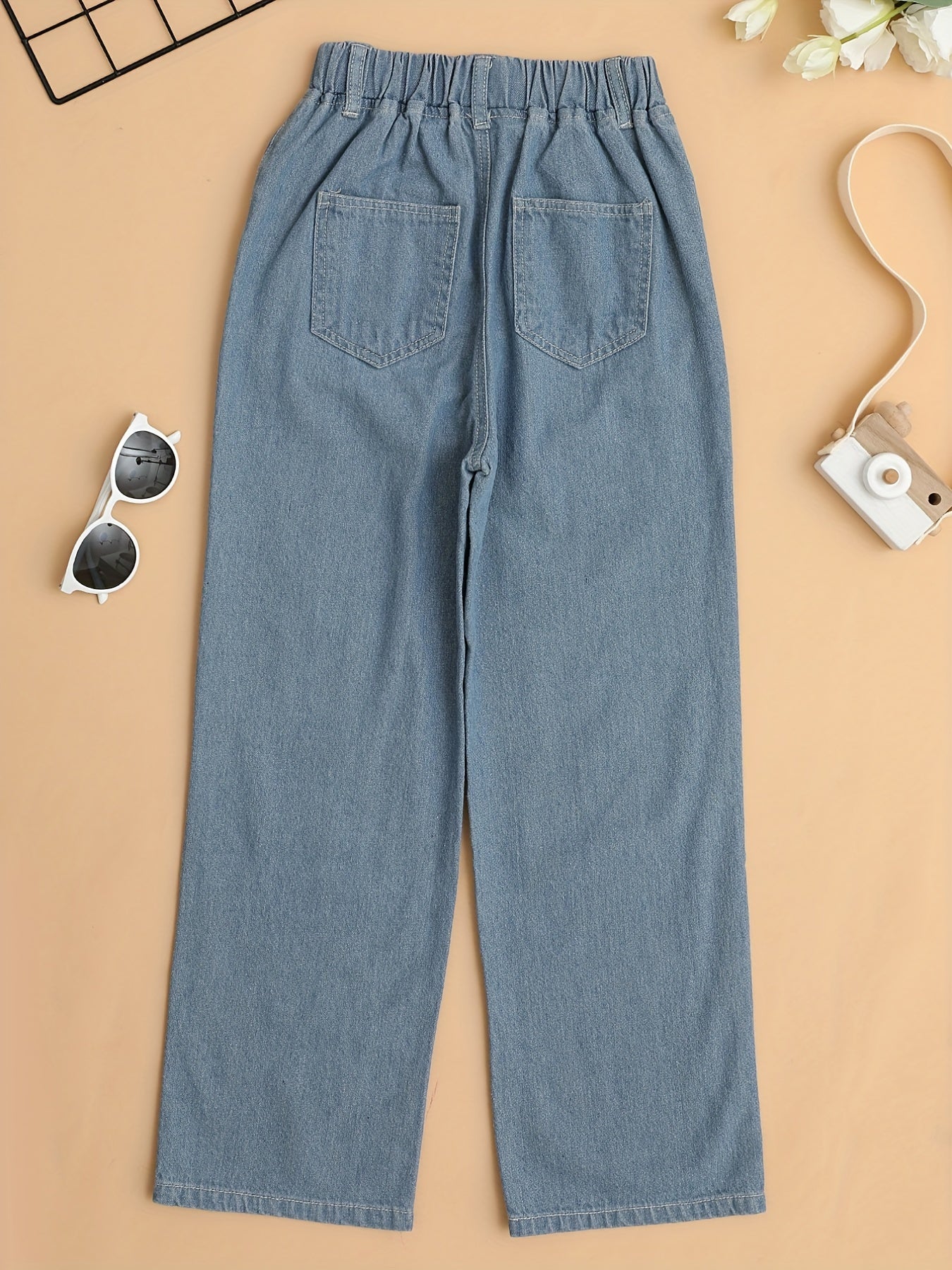Girls Butterfly Graphic Pocket Casual Sports Loose Elastic Waist Wide Leg Jeans
