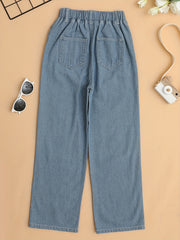 Girls Butterfly Graphic Pocket Casual Sports Loose Elastic Waist Wide Leg Jeans