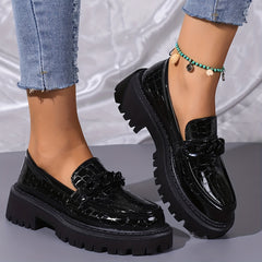 Women's Platform Loafers Round Toe Chain Decor Patent Leather Shoes