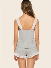 Lace Stitching Pajama Set V Neck Tank Top & Elastic Waistband Shorts Women's