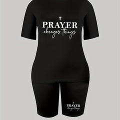 2 Piece Set Women's Cross & Slogan Print Top & Shorts