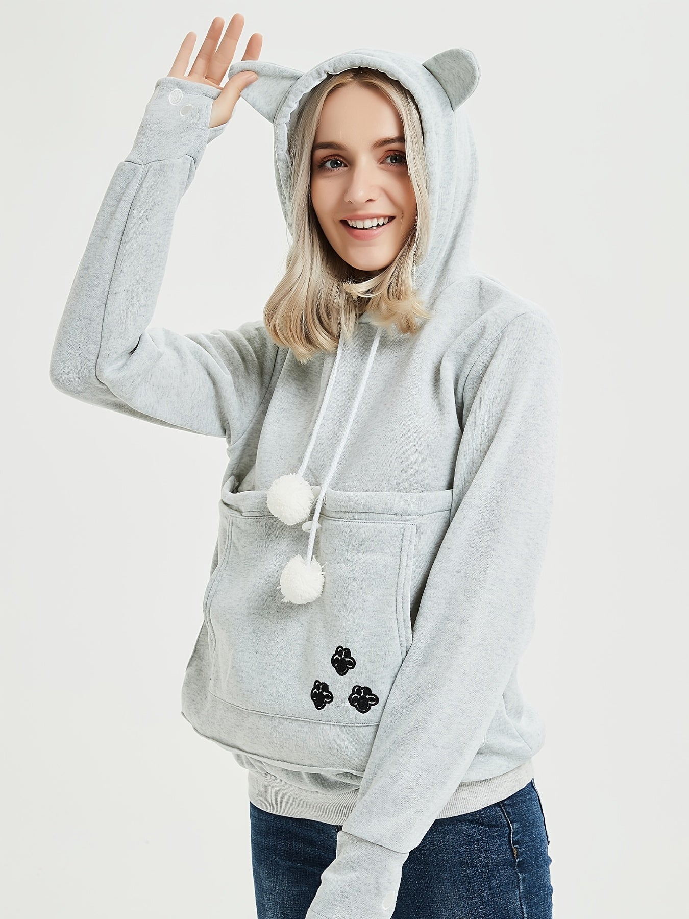 Cat Paw Pattern Pocket Hoodie Long Sleeve Hoodies