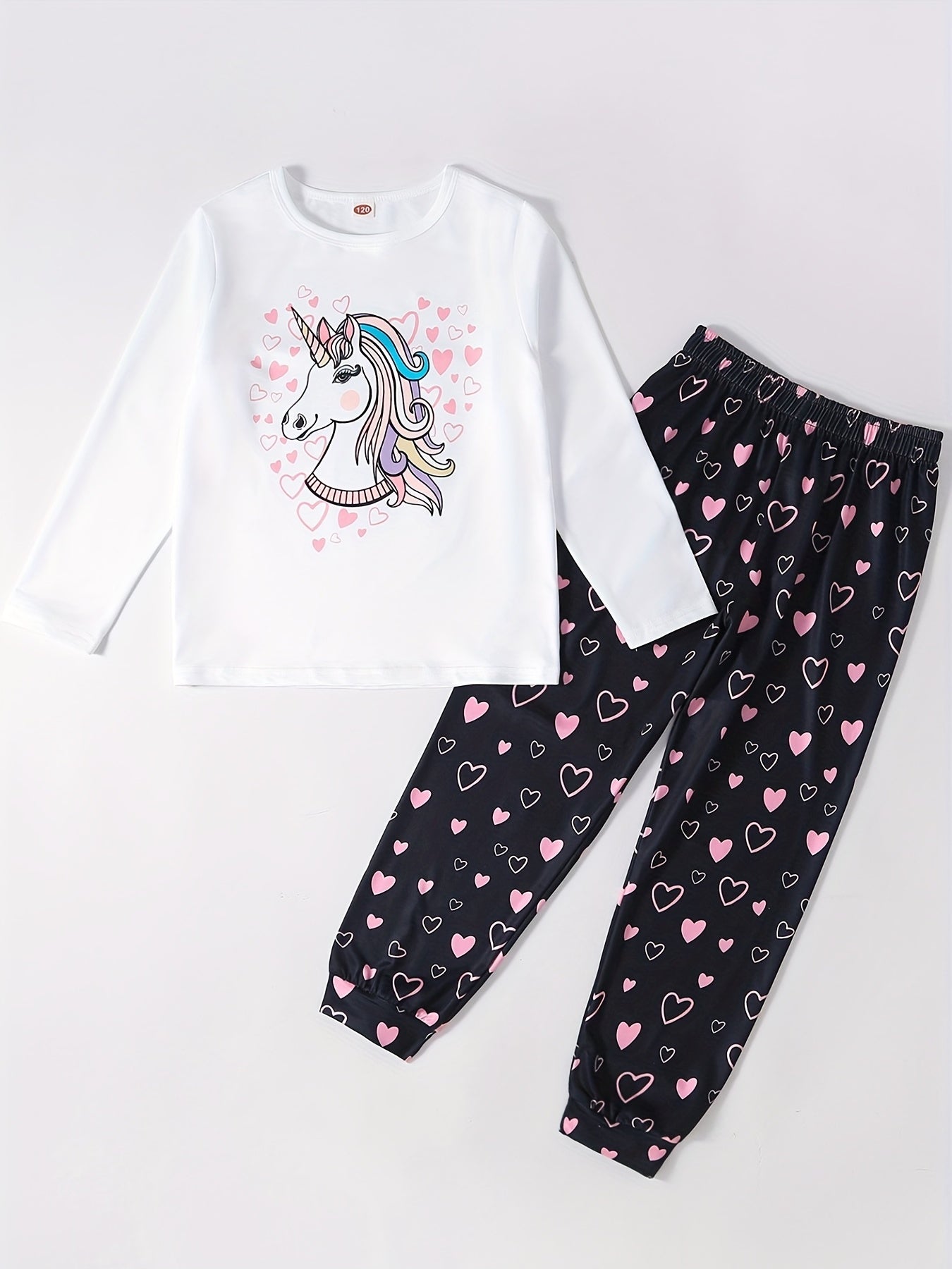 Unicorn Cartoon Long Sleeve Top & Heart Graphic Pants Pj Set
