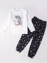 Unicorn Cartoon Long Sleeve Top & Heart Graphic Pants Pj Set