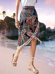 Paisley Print Tassel Skirts Boho High Waist Bag Hip Summer Skirts