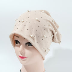 Women's Faux Pearl Beanie Warm Earmuff Stretch Headgear Head Scarf Hat Cap