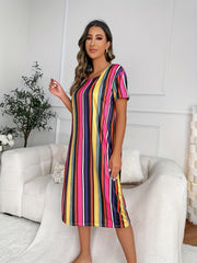 Rainbow Striped Lounge Dress Short Sleeve Crew Neck Home Dress