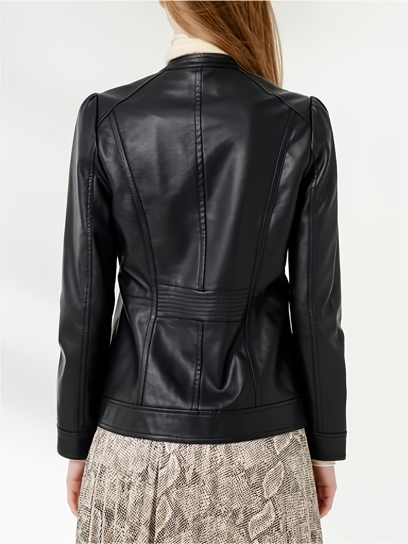 Faux Leather Zipper Coat Woven Pattern Slim Outerwear