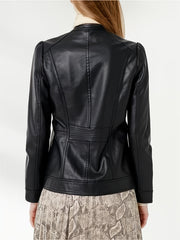 Faux Leather Zipper Coat Woven Pattern Slim Outerwear