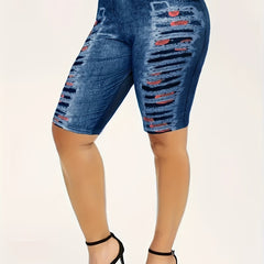 Denim Print Yoga Shorts High Waist Elastic Running Shorts