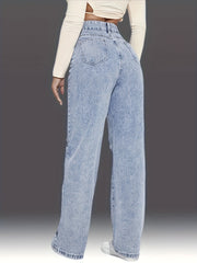 Loose Fit Straight Jeans Ripped Holes Slash Pockets Denim Pants