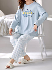 Letter Print Lounge Set Long Sleeve Crew Neck Top & Pants
