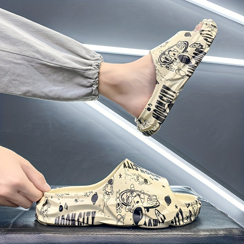 Men's Cartoon Print Platform Slides Casual Slippers