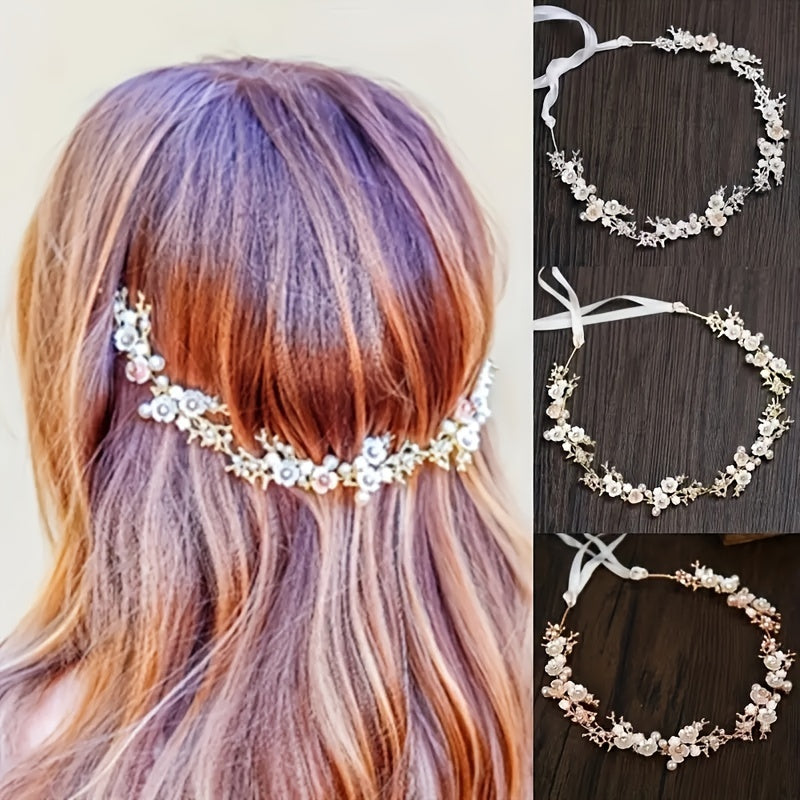 Flower Pearl Headband Daisy Headpiece Ribbon Hair Band Boho Wreath