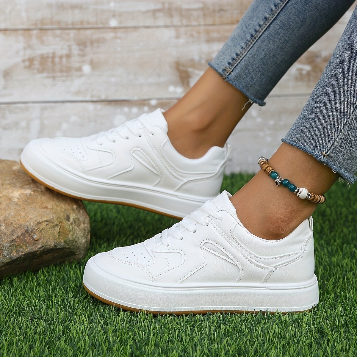Women's Solid Flat Lace Up Sport Shoes Breathable Non slip Outdoor Board Shoes