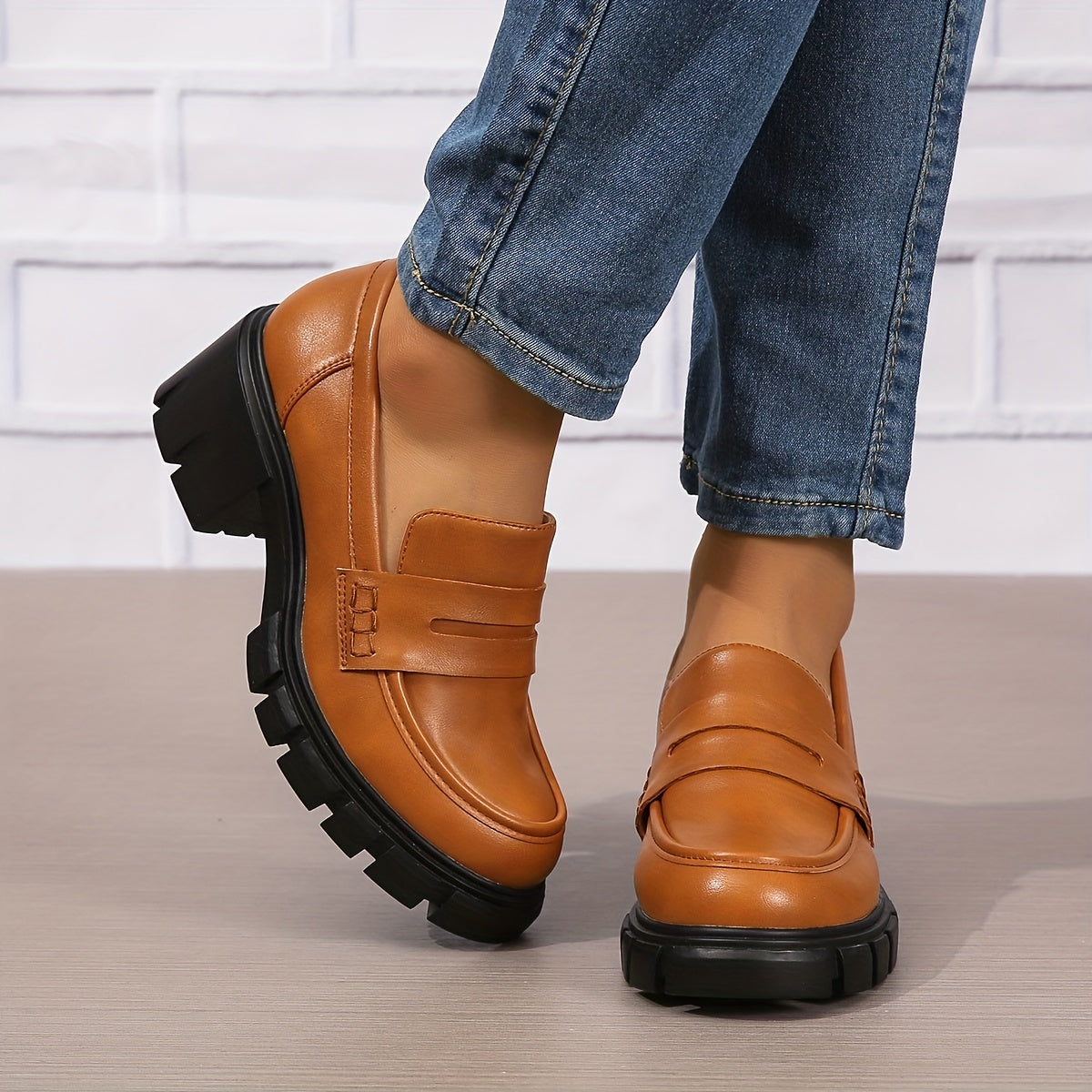 Chunky Heeled Loafers Round Toe PU Leather Shoes