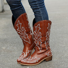 Embroidered Western Mid Calf Boots Cowgirl Pointed Toe Low Heel Slip On Boots